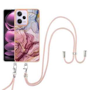 For Xiaomi Poco X5 Pro 5G Electroplating Marble Dual-side IMD Phone Case with Lanyard(Rose Red 014)
