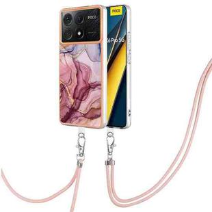 For Xiaomi Poco X6 Pro Electroplating Marble Dual-side IMD Phone Case with Lanyard(Rose Red 014)