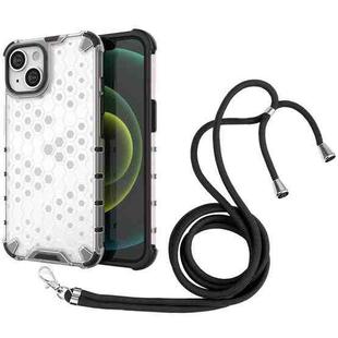 For iPhone 15 Lanyard Honeycomb Phone Case(White)