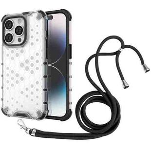 For iPhone 15 Pro Lanyard Honeycomb Phone Case(White)