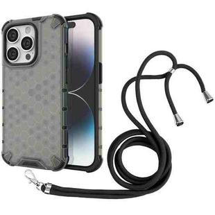 For iPhone 15 Pro Lanyard Honeycomb Phone Case(Black)