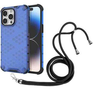 For iPhone 15 Pro Max Lanyard Honeycomb Phone Case(Blue)