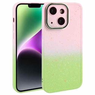 For iPhone 15 Gradient Starry Silicone Phone Case with Lens Film(Pink Green)