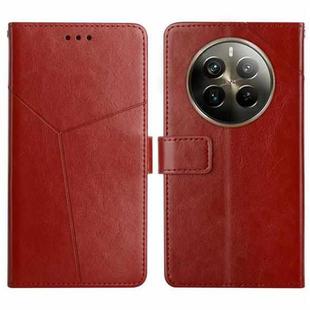 For Realme 12+ Global HT01 Y-shaped Pattern Flip Leather Phone Case(Brown)