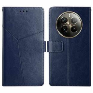 For Realme 12+ Global HT01 Y-shaped Pattern Flip Leather Phone Case(Blue)