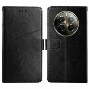 For Realme 12+ Global HT01 Y-shaped Pattern Flip Leather Phone Case(Black)