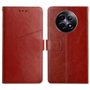 For Realme 12 5G Global HT01 Y-shaped Pattern Flip Leather Phone Case(Brown)