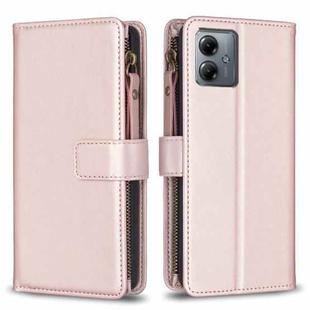 For Motorola Moto G14 4G 9 Card Slots Zipper Wallet Leather Flip Phone Case(Rose Gold)