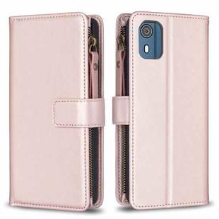 For Nokia C02 9 Card Slots Zipper Wallet Leather Flip Phone Case(Rose Gold)