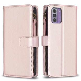 For Nokia G42/G310 9 Card Slots Zipper Wallet Leather Flip Phone Case(Rose Gold)
