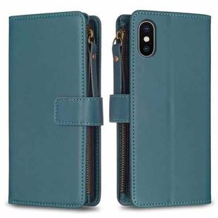 For iPhone XS / X 9 Card Slots Zipper Wallet Leather Flip Phone Case(Green)