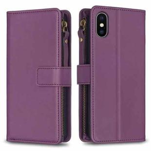 For iPhone XS / X 9 Card Slots Zipper Wallet Leather Flip Phone Case(Dark Purple)