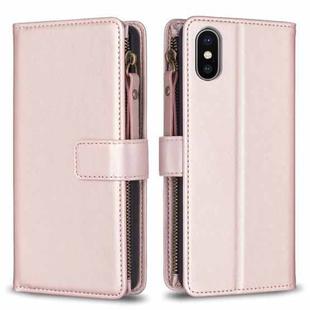 For iPhone XS / X 9 Card Slots Zipper Wallet Leather Flip Phone Case(Rose Gold)