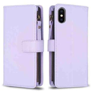 For iPhone XS / X 9 Card Slots Zipper Wallet Leather Flip Phone Case(Light Purple)
