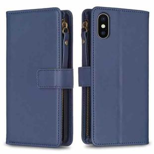 For iPhone XS Max 9 Card Slots Zipper Wallet Leather Flip Phone Case(Blue)