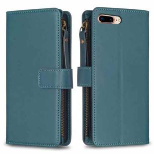 For iPhone 8 Plus / 7 Plus 9 Card Slots Zipper Wallet Leather Flip Phone Case(Green)