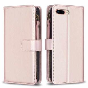 For iPhone 8 Plus / 7 Plus 9 Card Slots Zipper Wallet Leather Flip Phone Case(Rose Gold)