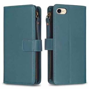 For iPhone SE 2022 / SE 2020 / 8 / 7 9 Card Slots Zipper Wallet Leather Flip Phone Case(Green)