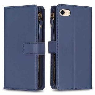 For iPhone SE 2022/SE 2020 / 8 / 7 9 Card Slots Zipper Wallet Leather Flip Phone Case(Blue)