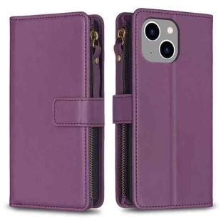 For iPhone 14 / 13 9 Card Slots Zipper Wallet Leather Flip Phone Case(Dark Purple)
