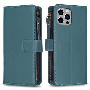For iPhone 13 Pro 9 Card Slots Zipper Wallet Leather Flip Phone Case(Green)