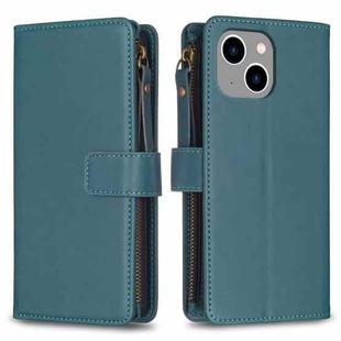 For iPhone 14 Plus 9 Card Slots Zipper Wallet Leather Flip Phone Case(Green)