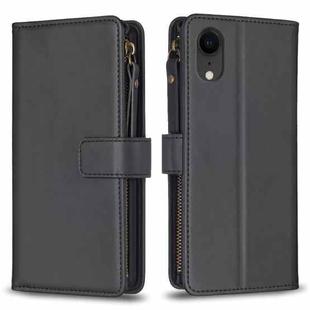 For iPhone XR 9 Card Slots Zipper Wallet Leather Flip Phone Case(Black)