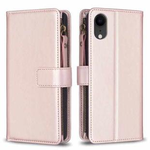 For iPhone XR 9 Card Slots Zipper Wallet Leather Flip Phone Case(Rose Gold)