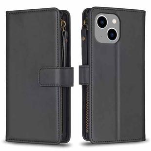 For iPhone 15 Plus 9 Card Slots Zipper Wallet Leather Flip Phone Case(Black)