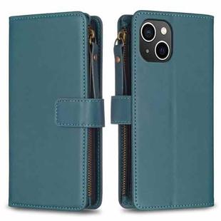 For iPhone 15 9 Card Slots Zipper Wallet Leather Flip Phone Case(Green)