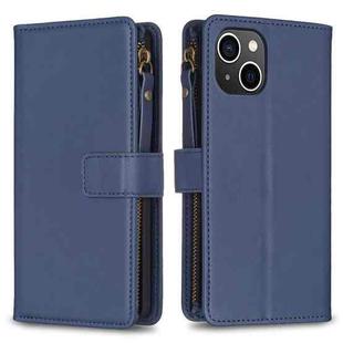 For iPhone 15 9 Card Slots Zipper Wallet Leather Flip Phone Case(Blue)