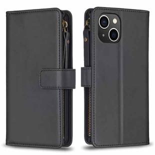 For iPhone 15 9 Card Slots Zipper Wallet Leather Flip Phone Case(Black)