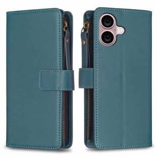 For iPhone 16 Plus 9 Card Slots Zipper Wallet Leather Flip Phone Case(Green)