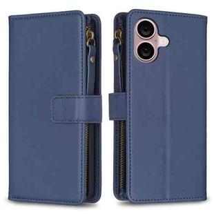 For iPhone 16 Plus 9 Card Slots Zipper Wallet Leather Flip Phone Case(Blue)