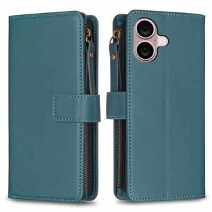 For iPhone 16 9 Card Slots Zipper Wallet Leather Flip Phone Case(Green)