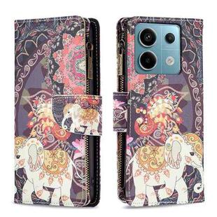For Xiaomi Poco M6 Pro 4G Colored Drawing Pattern Zipper Leather Phone Case(Flower Elephants)