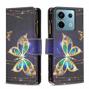 For Xiaomi Poco M6 Pro 4G Colored Drawing Pattern Zipper Leather Phone Case(Gold Butterfly)