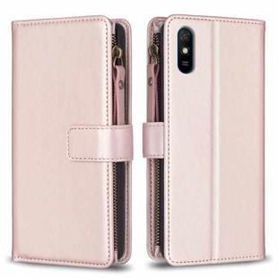For Xiaomi Redmi 9A 9 Card Slots Zipper Wallet Leather Flip Phone Case(Rose Gold)