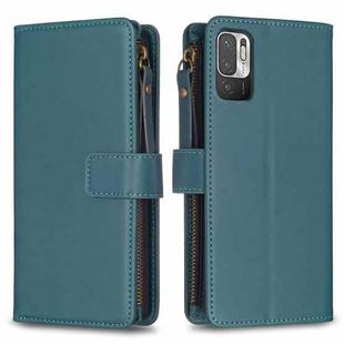 For Xiaomi Redmi Note 10 5G 9 Card Slots Zipper Wallet Leather Flip Phone Case(Green)