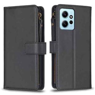 For Xiaomi Redmi Note 12 4G 9 Card Slots Zipper Wallet Leather Flip Phone Case(Black)