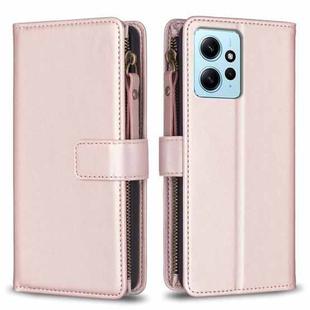 For Xiaomi Redmi Note 12 4G 9 Card Slots Zipper Wallet Leather Flip Phone Case(Rose Gold)