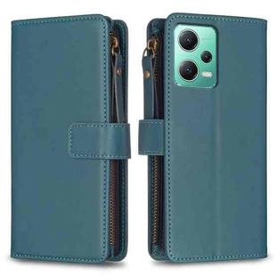 For Xiaomi Redmi Note 12 5G 9 Card Slots Zipper Wallet Leather Flip Phone Case(Green)