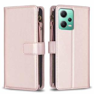 For Xiaomi Redmi Note 12 5G 9 Card Slots Zipper Wallet Leather Flip Phone Case(Rose Gold)