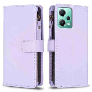 For Xiaomi Redmi Note 12 5G 9 Card Slots Zipper Wallet Leather Flip Phone Case(Light Purple)