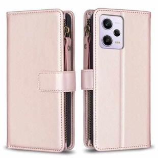 For Xiaomi Redmi Note 12 Pro 9 Card Slots Zipper Wallet Leather Flip Phone Case(Rose Gold)