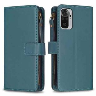 For Xiaomi Redmi Note 10 9 Card Slots Zipper Wallet Leather Flip Phone Case(Green)
