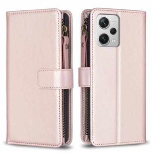 For Xiaomi Redmi Note 12 Pro+ 5G Global 9 Card Slots Zipper Wallet Leather Flip Phone Case(Rose Gold)