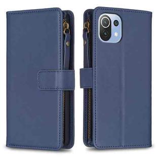 For Xiaomi Mi 11 Lite 9 Card Slots Zipper Wallet Leather Flip Phone Case(Blue)