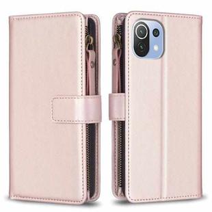 For Xiaomi Mi 11 Lite 9 Card Slots Zipper Wallet Leather Flip Phone Case(Rose Gold)