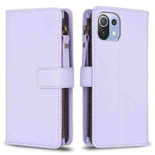 For Xiaomi Mi 11 Lite 9 Card Slots Zipper Wallet Leather Flip Phone Case(Light Purple)